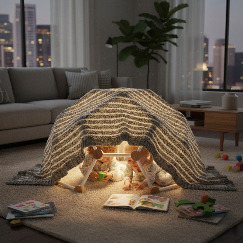 Child playing under a blanket fort in a cozy living room at night.