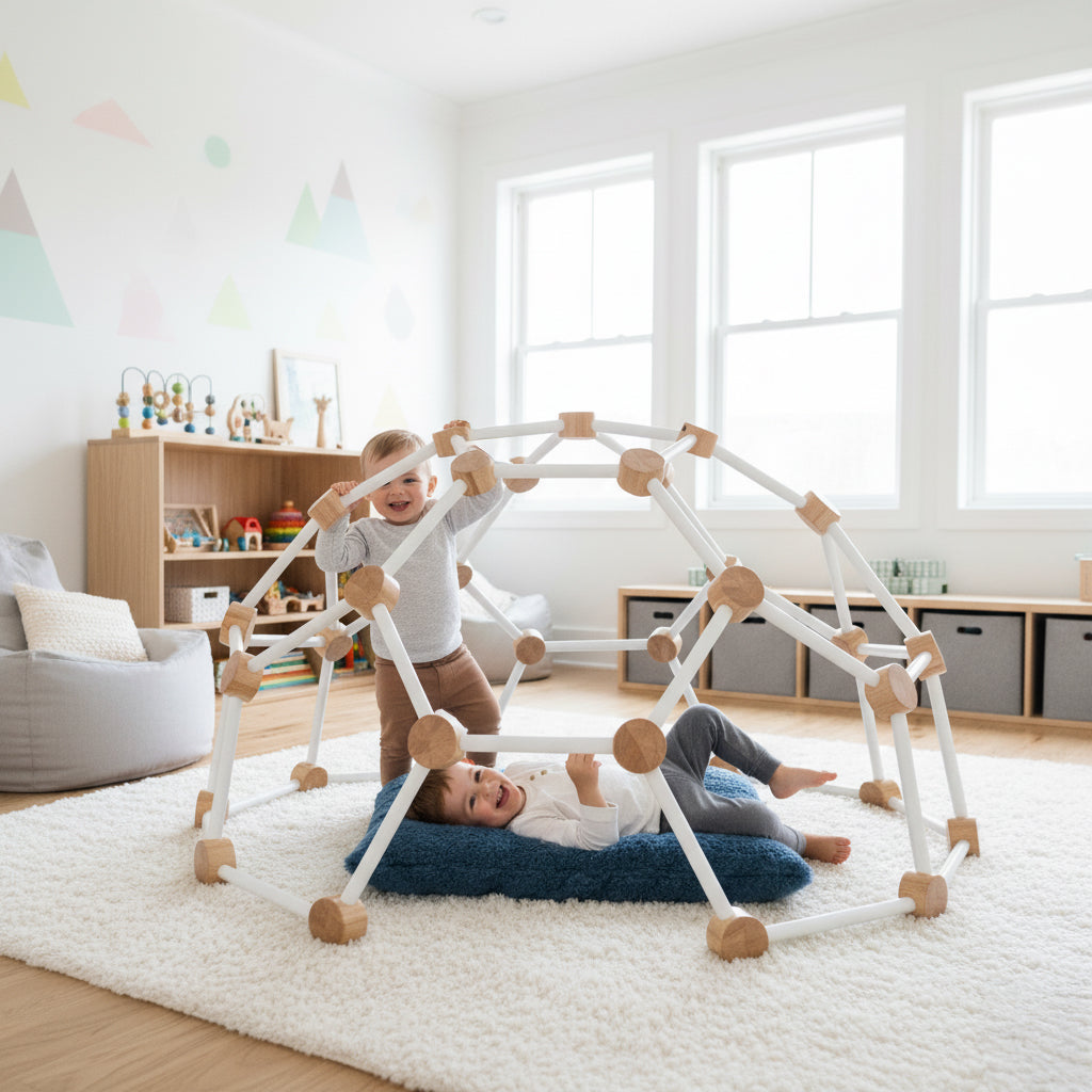 Two children playing with a wooden geometric play structure in a bright, modern living room.