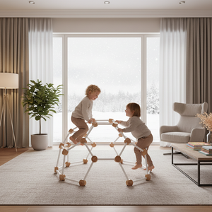 Two children playing with a geometric toy in a modern living room.