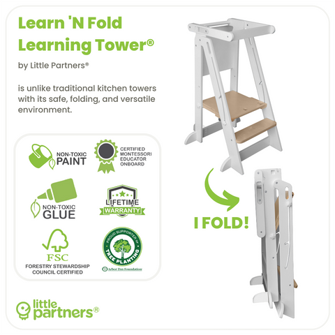 The Learn N Fold Learning Tower is made from non toxic materials. It folds to a compact size for storage.