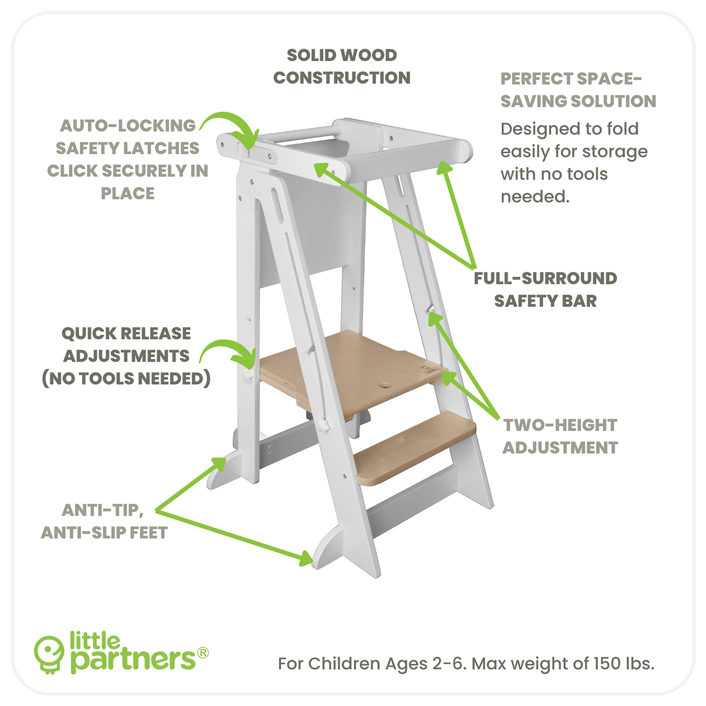 Learn N Fold features include Four sided protection, Adjustable height platform, Anti Tip Base, Solid Wood Construction.