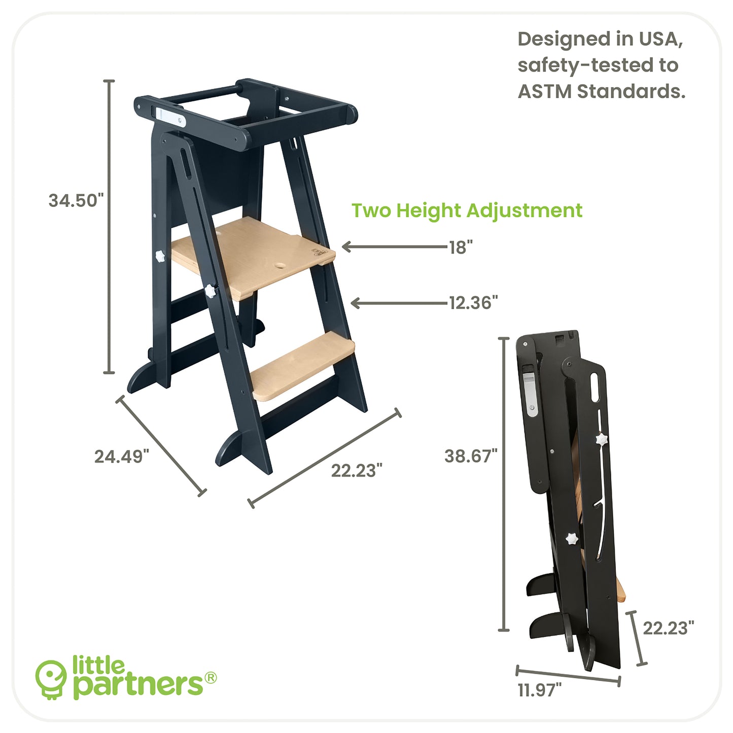 Learn N Fold features include Four sided protection, Adjustable height platform, Anti Tip Base, Solid Wood Construction.