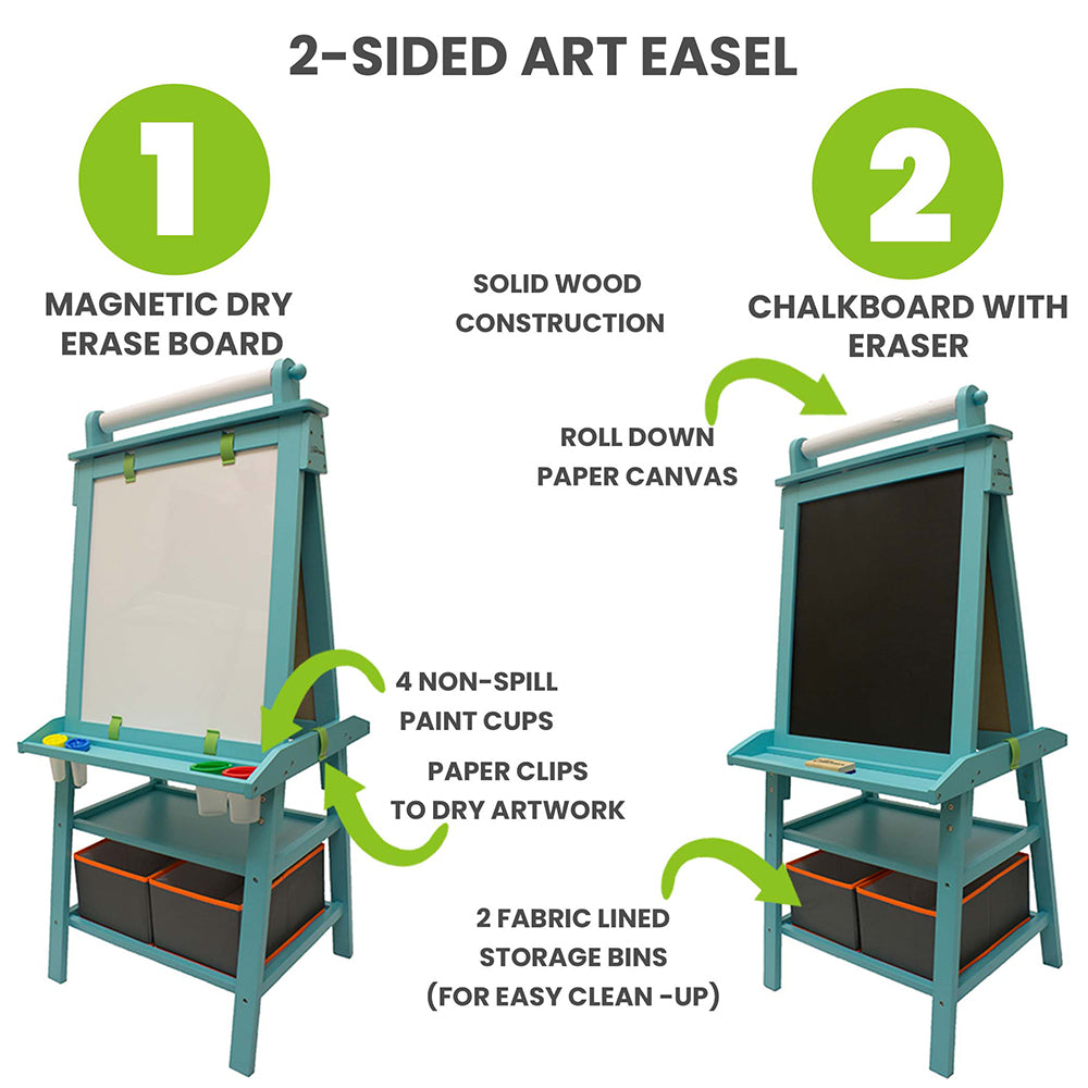 The Deluxe Learn 'N Play Art Center Easel comes with 2 Fabric wipe clean bins, 6 paper clips, paper roll, 4 paint cups, and an eraser.