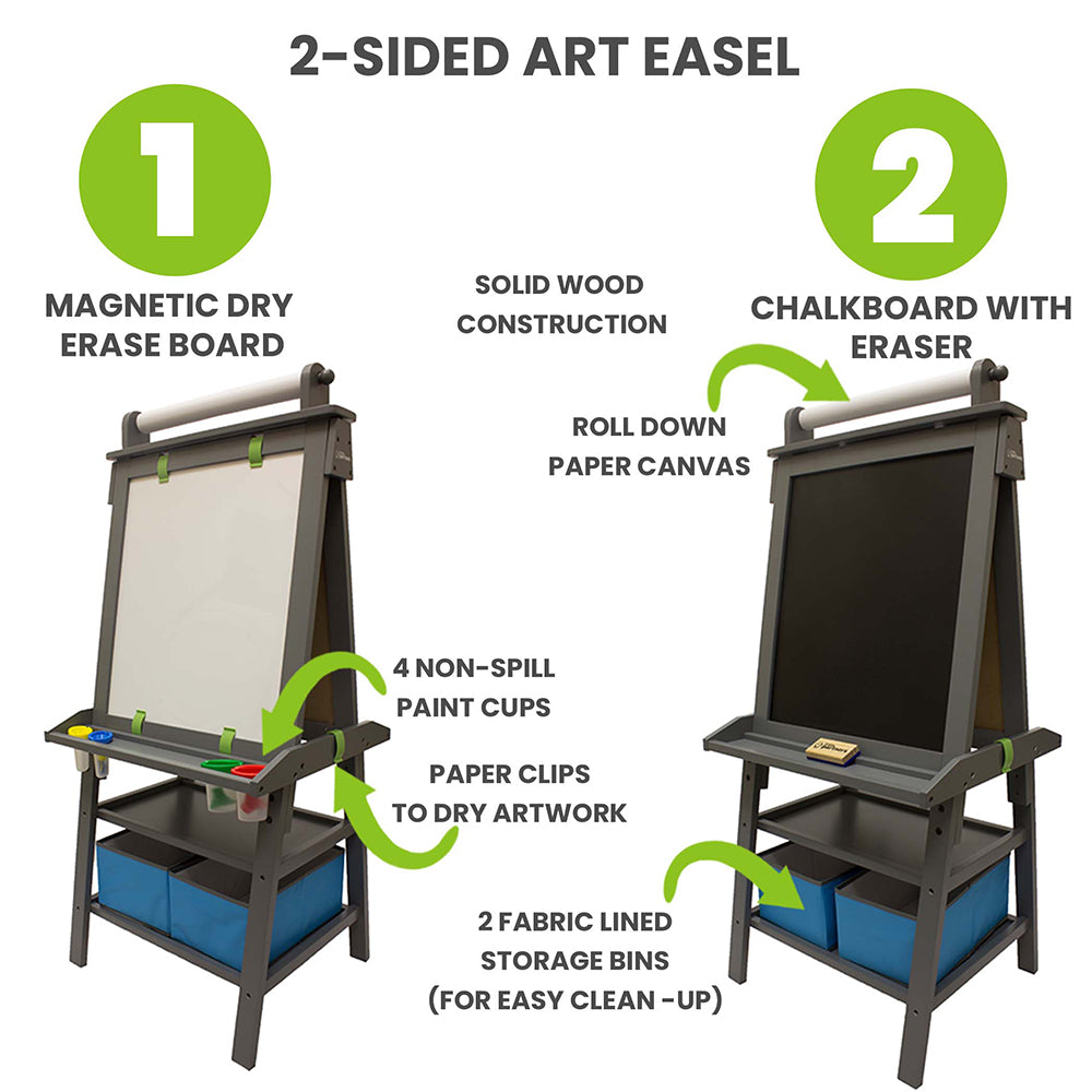 Features of the Deluxe Learn 'N Play Art Center Easel include Magnetic Dry Eraseboard, Chalkboard, Paper Feeder, 2 large shelves.