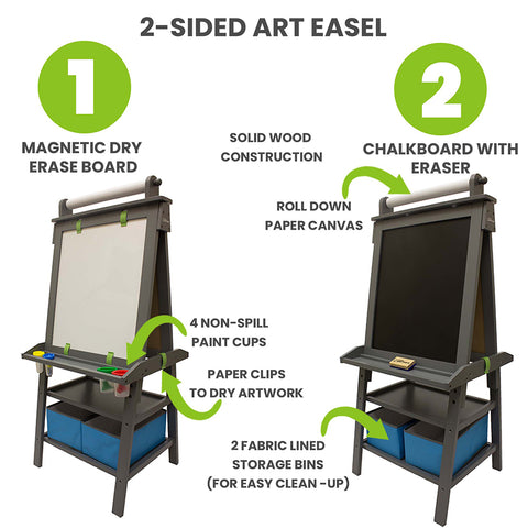 Features of the Deluxe Learn 'N Play Art Center Easel include Magnetic Dry Eraseboard, Chalkboard, Paper Feeder, 2 large shelves.