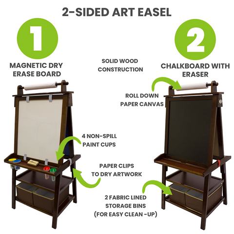 The Deluxe Learn 'N Play Art Center Easel comes with 2 Fabric wipe clean bins, 6 paper clips, paper roll, 4 paint cups, and an eraser.