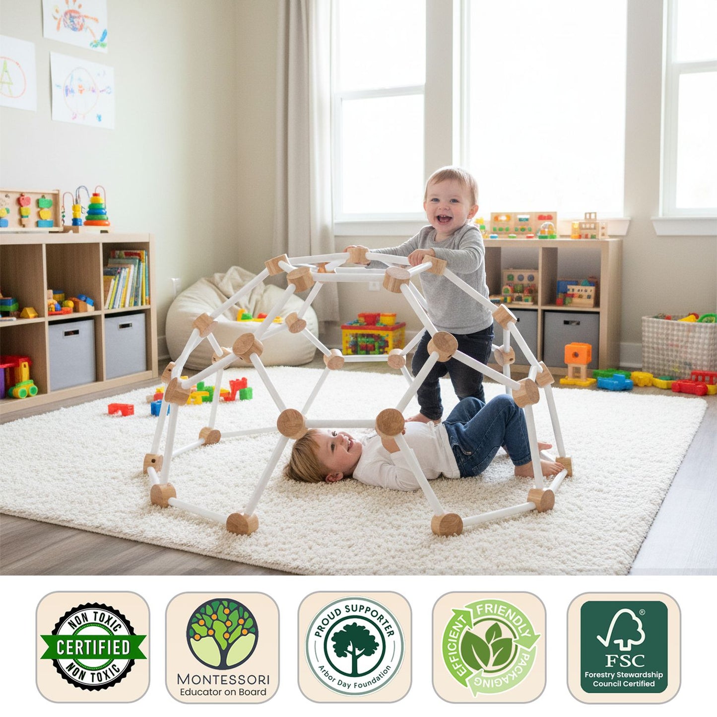 Children playing with a geometric toy set in a room filled with toys and books.