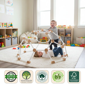 Children playing with a geometric toy set in a room filled with toys and books.