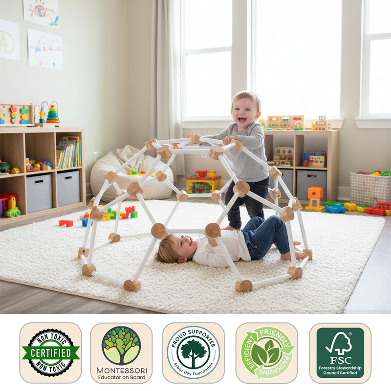 Children playing with a geometric toy set in a room filled with toys and books.
