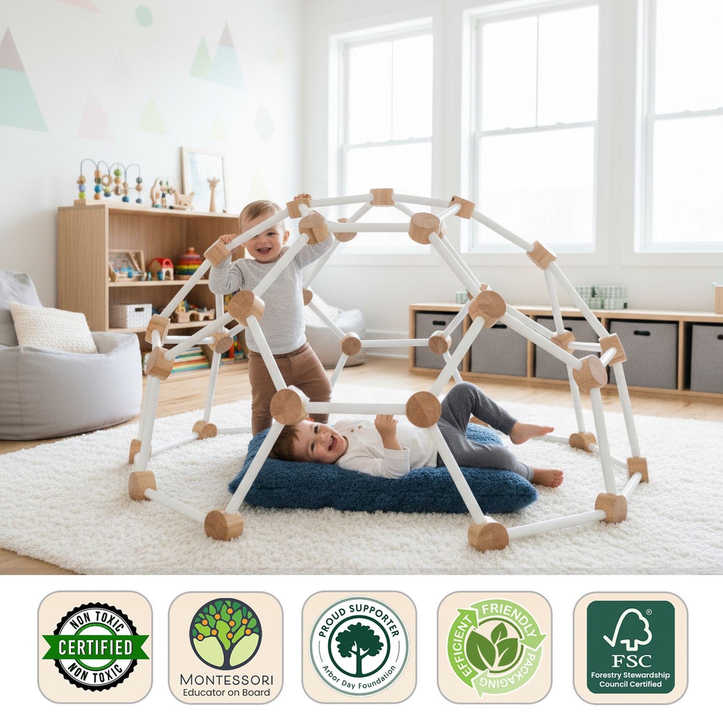 Children playing with a geometric wooden structure in a room with furniture and toys.