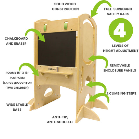 Product features include chalkboard, four platform height levels, enclosure panels, anti tip feet.