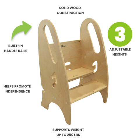 Features of the 3-in-1 Growing Step Stool include 3 adjustable heights, built in hand rails, and sturdy steps that hold up to 200 lbs.