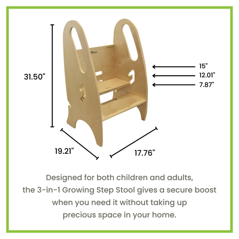 Measurements of the Features of the 3-in-1 Growing Step Stool include 3 adjustable heights, built in hand rails, and sturdy steps that hold up to 200 lbs..