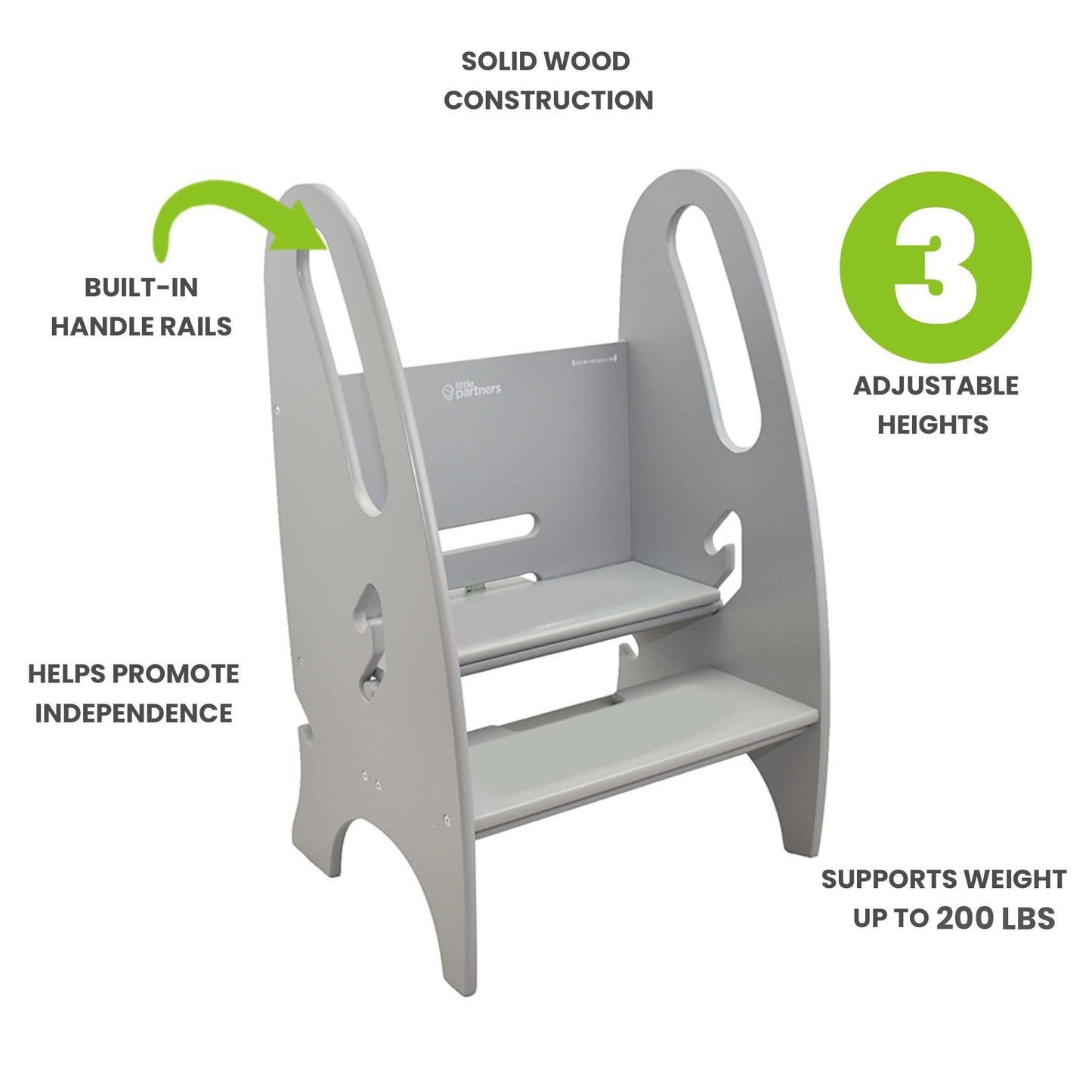 Features of the 3-in-1 Growing Step Stool include 3 adjustable heights, built in hand rails, and sturdy steps that hold up to 200 lbs.