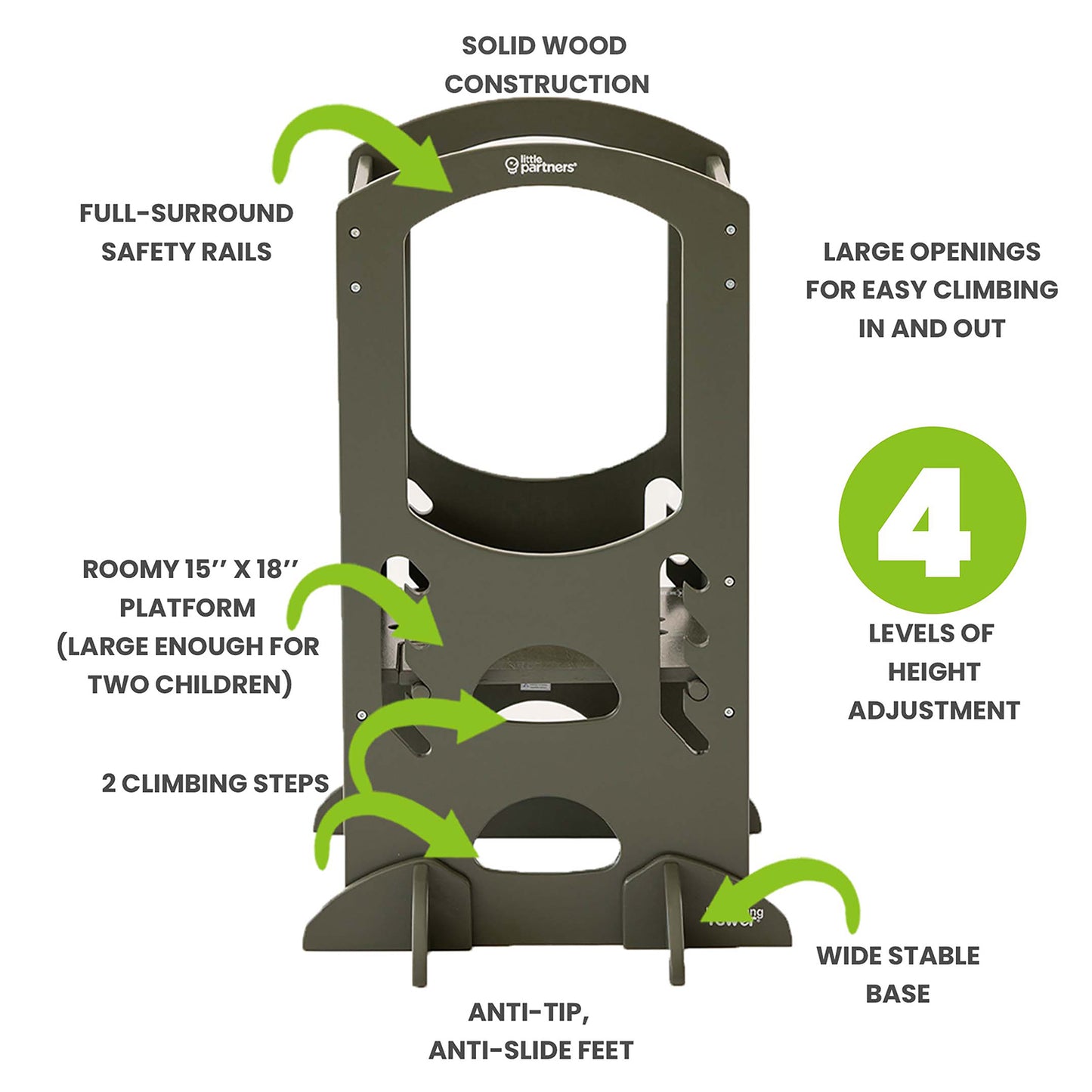 Product Features are four sided protection, sturdy, adjustable platform, extra wide base for stability, large openings for climbing in and out.