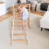 A girl is climbing up the Climbing Ladder, which is connected to the Climbing Triangle.